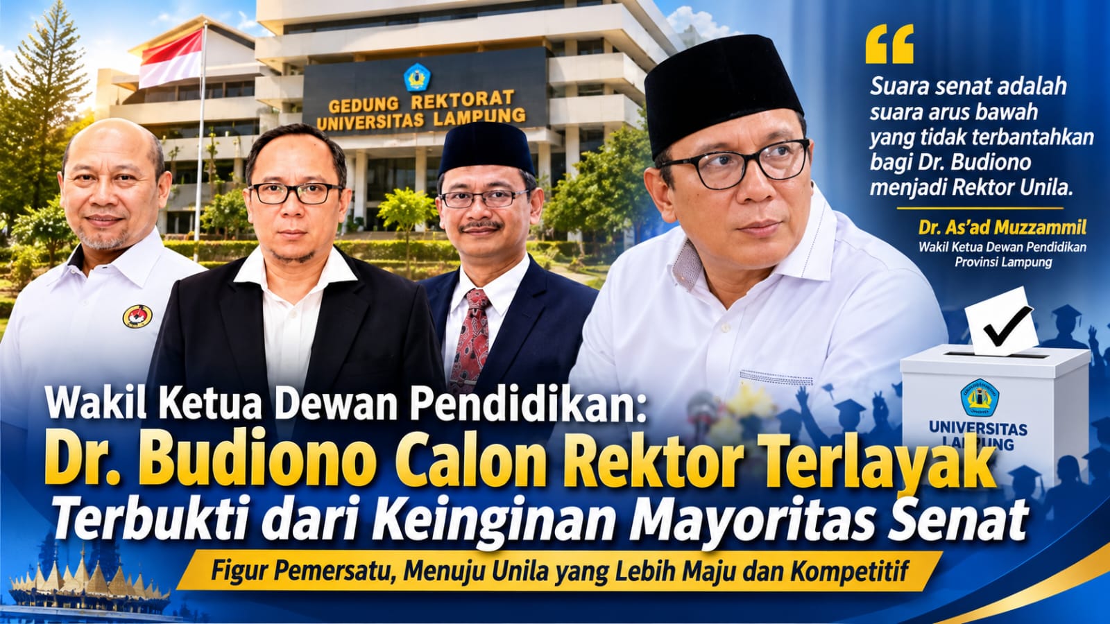 Dua Profesor Lewat! Dr. Budiono Raih 22 Suara Senat, Sinyal Kuat Menuju Kursi Rektor Unila