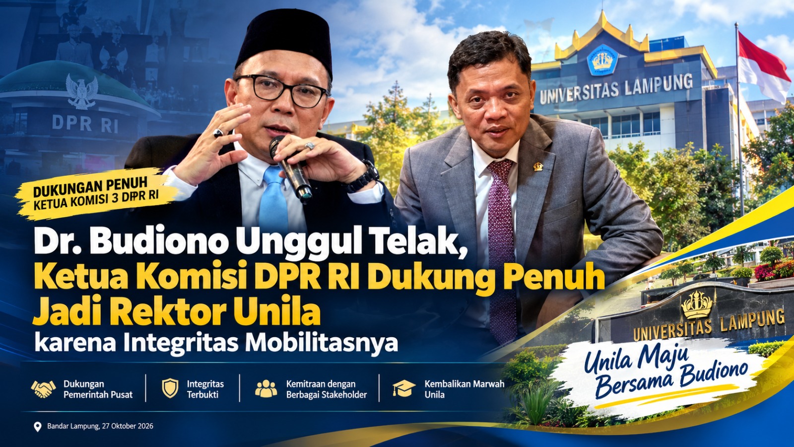 Dr. Budiono Unggul dalam Pilrek Unila, Kantongi 22 Suara Senat dan Dapat Dukungan Habiburokhman
